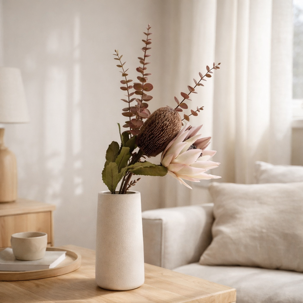 Bouquet King Protea - Fleurs artificielles, mélange bordeaux, 65 cm en situation