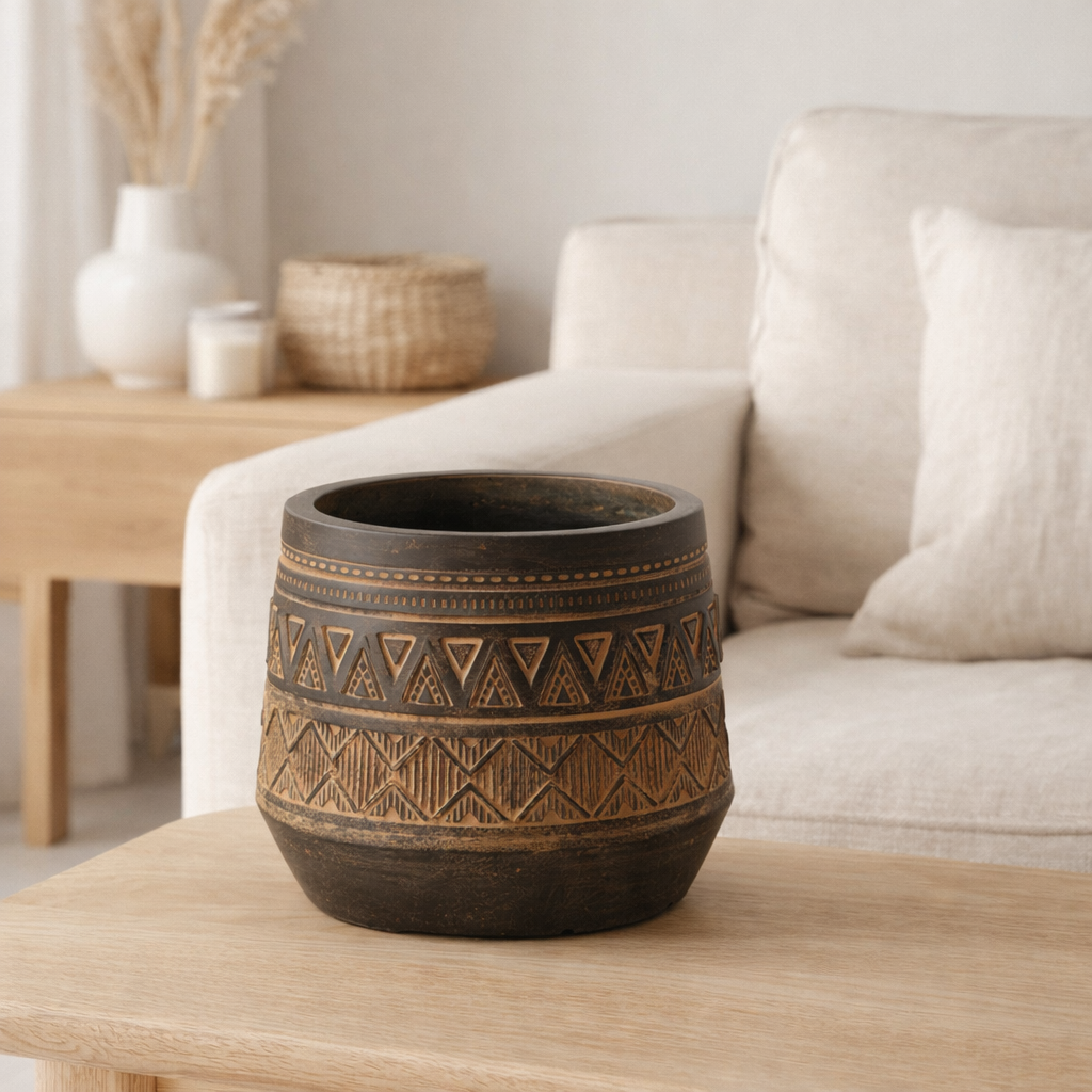 J -line Flowerpot ethnique - Plastic - Brown / Beige - Ø 20 cm en situation