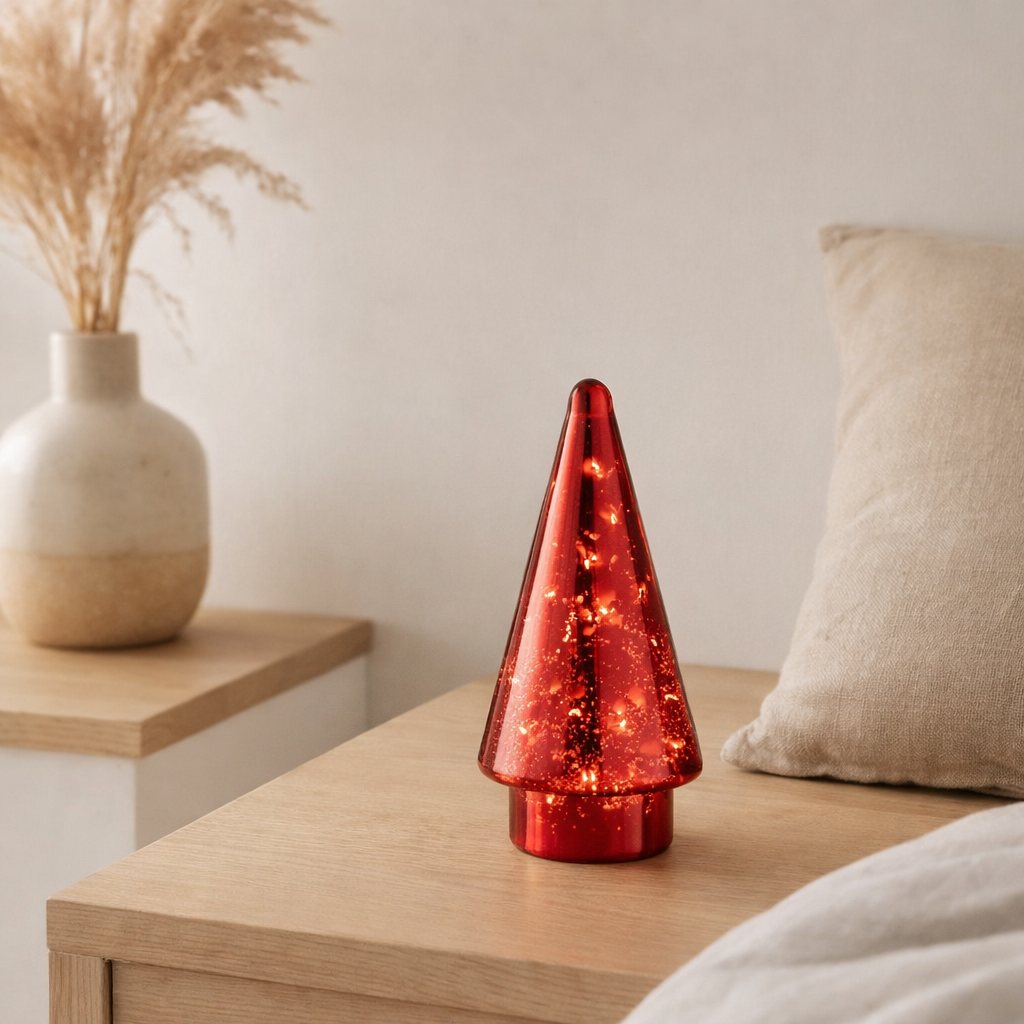 Décoration J-Line Sapin de Noël - verre - rouge - petit - lumières LED en situation