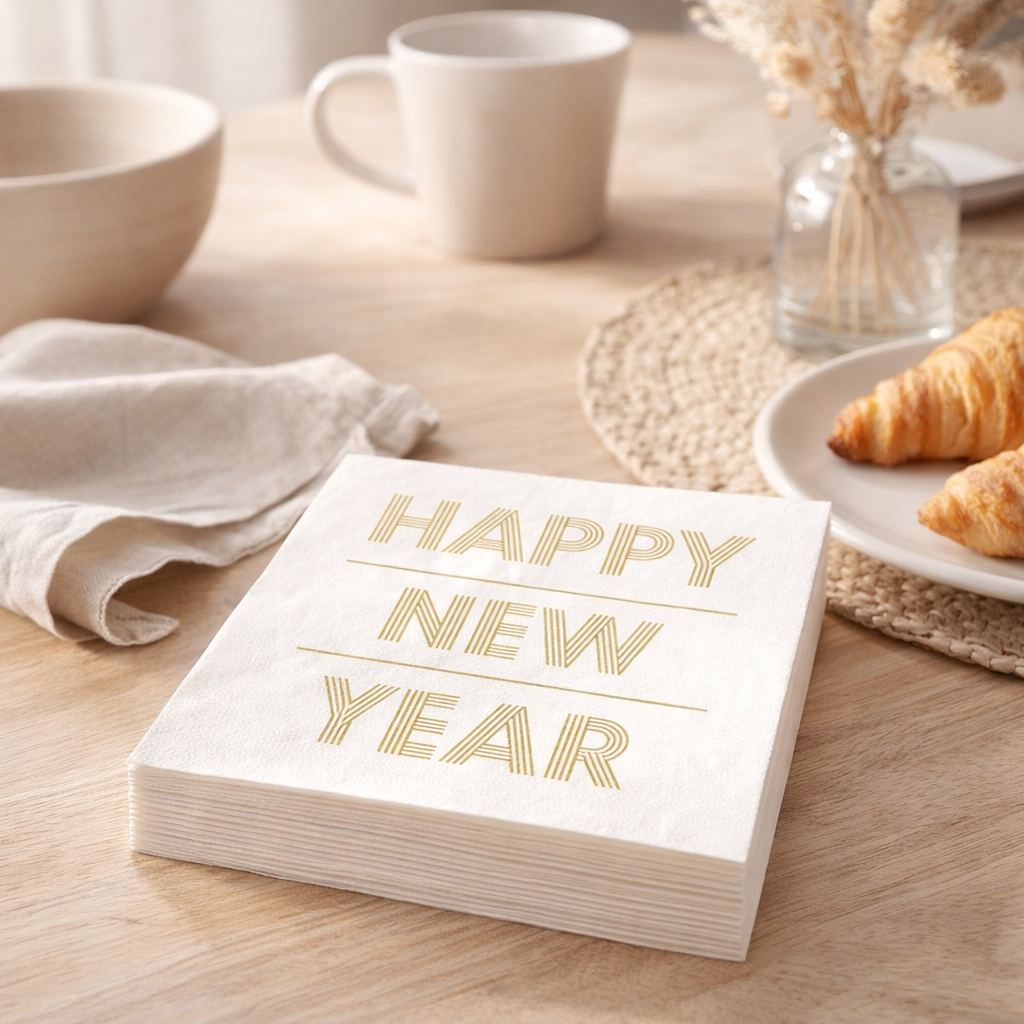 Serviette J-Line NYE - papier - blanc/or - grand - paquet de 20 en situation