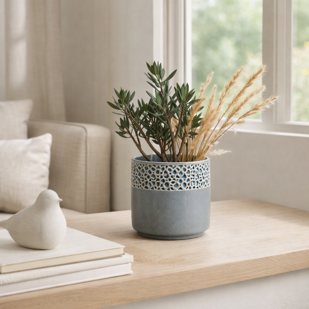 Pot de fleurs J-Line - Céramique - gris-bleu - Ø 14 cm en situation