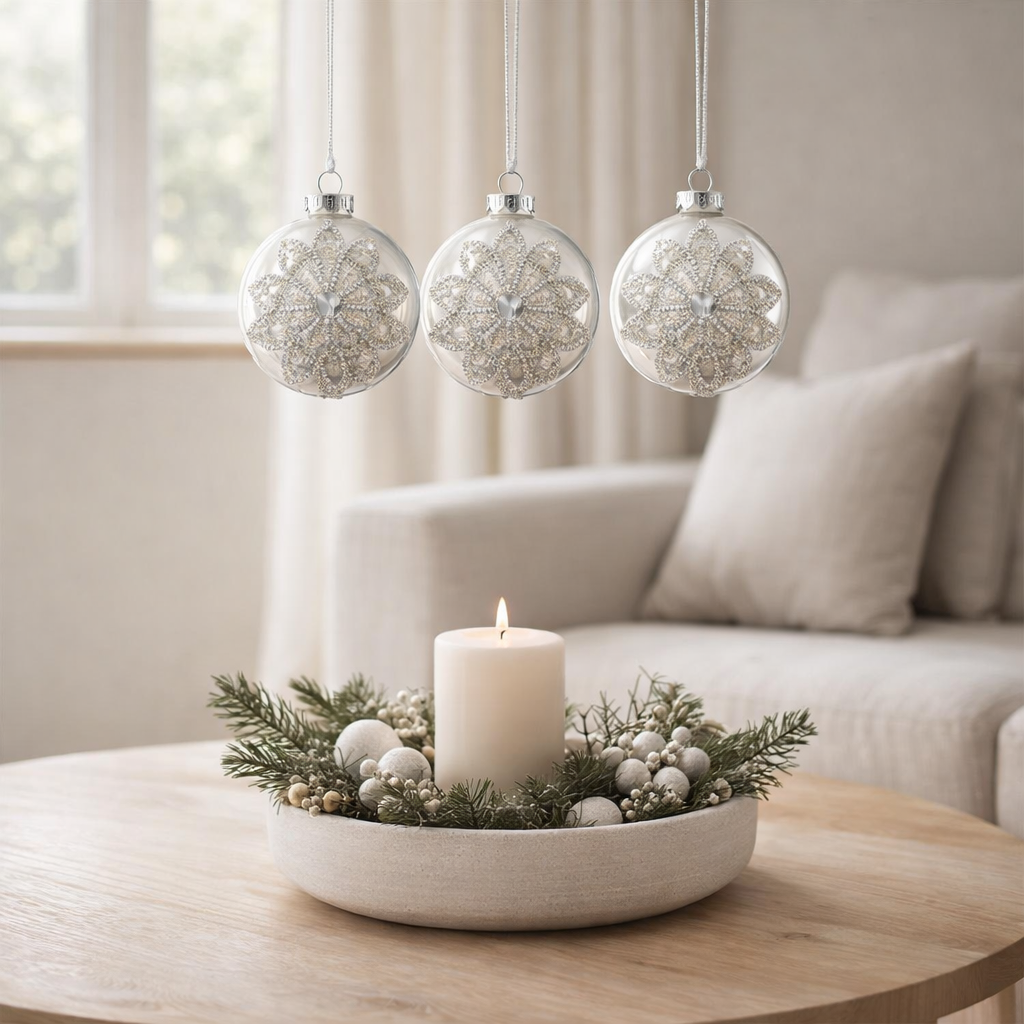 J-Line Boule de Noël Ornement Perles - verre - blanc/argent - S - boîte de 12 en situation
