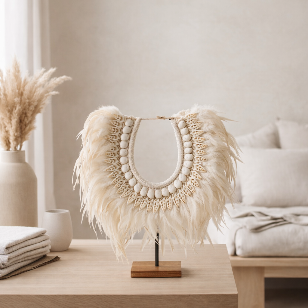 J-Collier de décoration + stand Dora - coquilles / plumes - blanc - l en situation