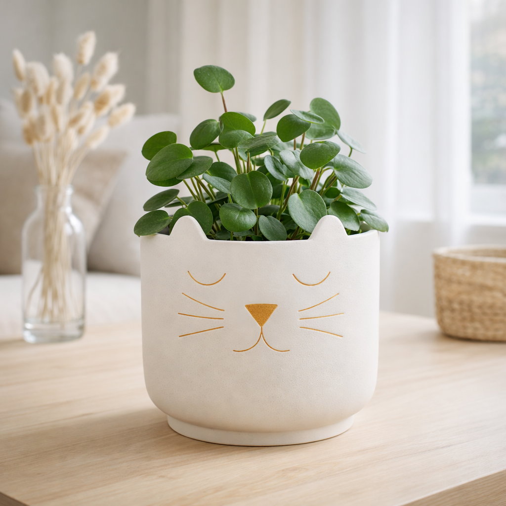 J -Line Flowerpot Cat - Ciment - Blanc / Gold - Grand - Ø 19 cm en situation