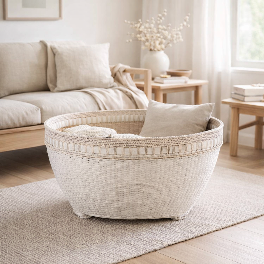 J-Line mand Rond - rotan/jute - blanc - extra large en situation