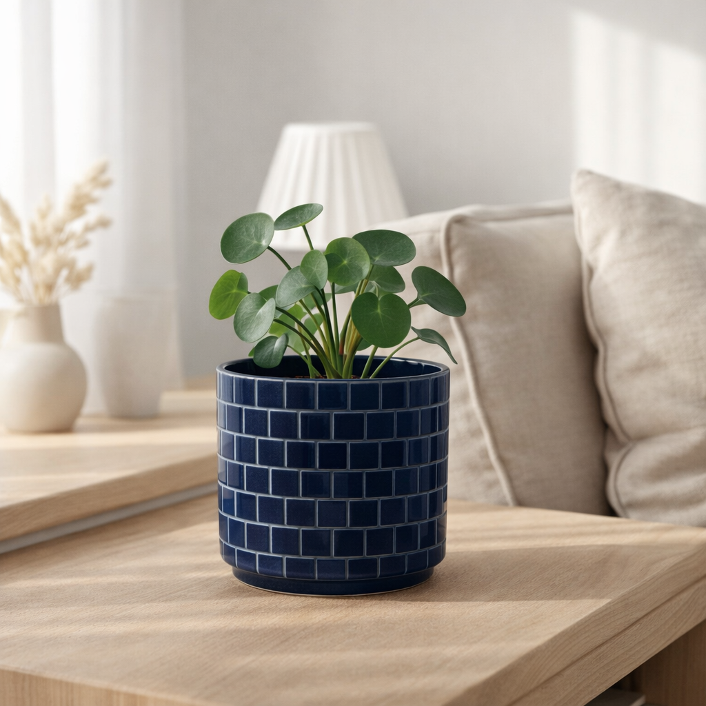 Pot de fleur J-Line - céramique - bleu - moyen - Ø 14,5 cm en situation