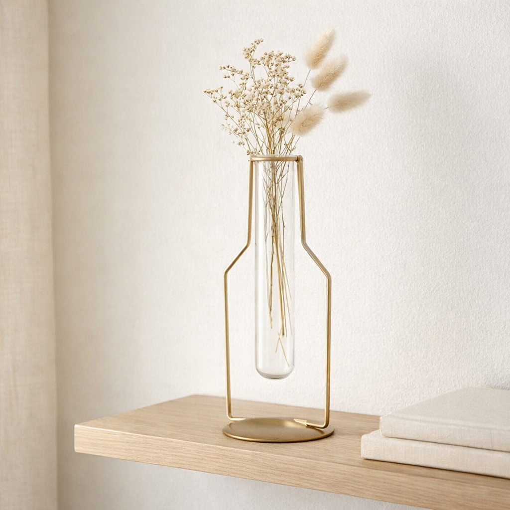 J - Vase de ligne 1 bouteille de tube - métal / verre - or - petit - 26 cm de haut en situation