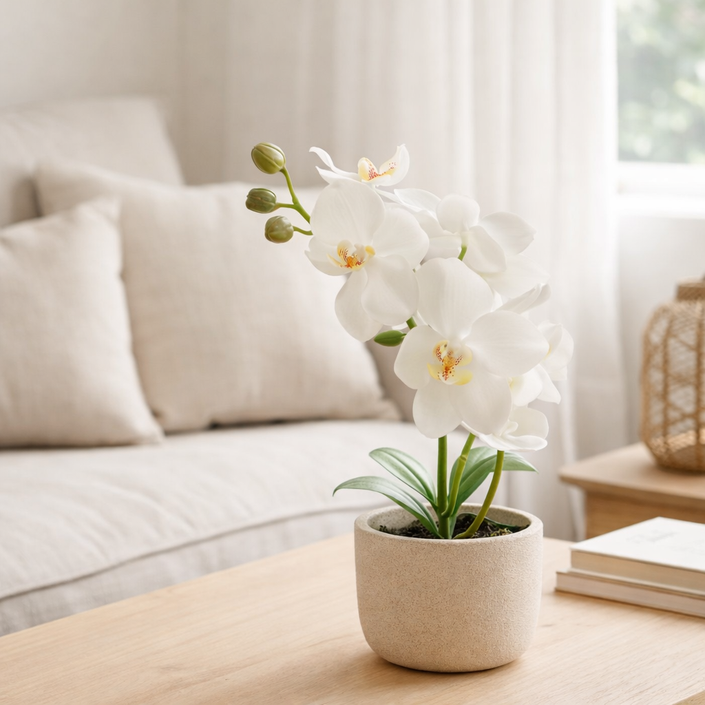 J-Line plantes Orchidée en terre - plastique - blanc/vert - moyen en situation