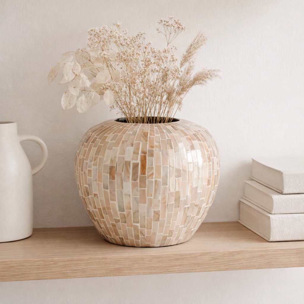 J -line vase nuye bol - coquilles / bambou - beige - Ø 25 cm en situation