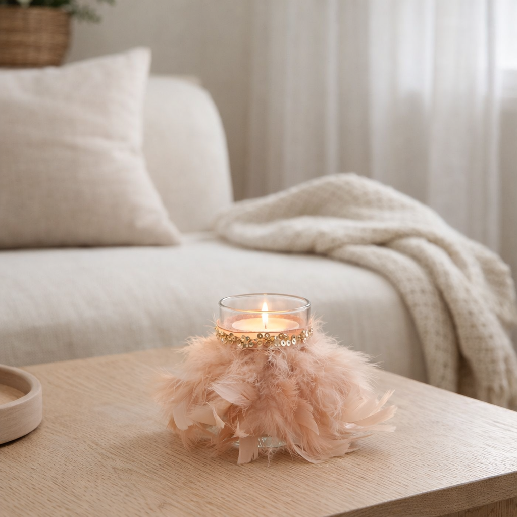 Photophore J-Line Plumes - verre - rose clair - petit en situation