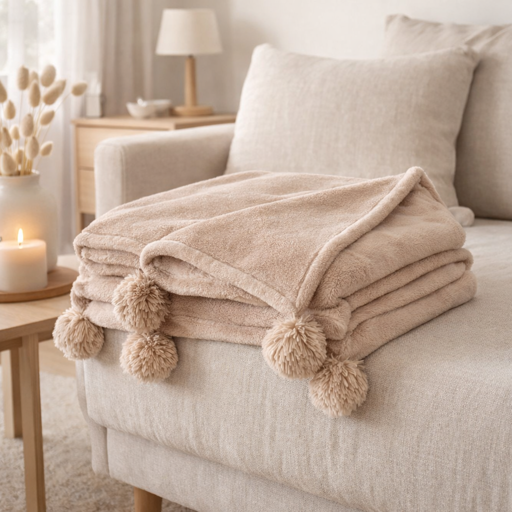 Pompon à carreaux J-Line - polyester - beige foncé - 170 x 130 cm en situation