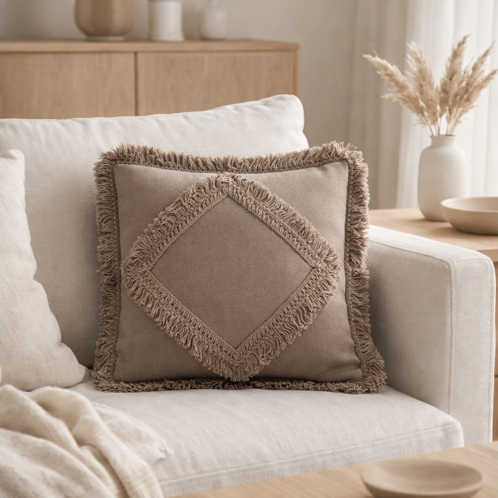 J-Line coussin Fringe Square - coton - taupe en situation