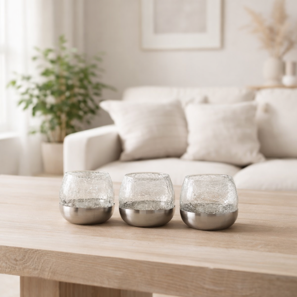 J -Liline Tealight Holder 3 Bol Capelé - Verre / Acier - Argent en situation