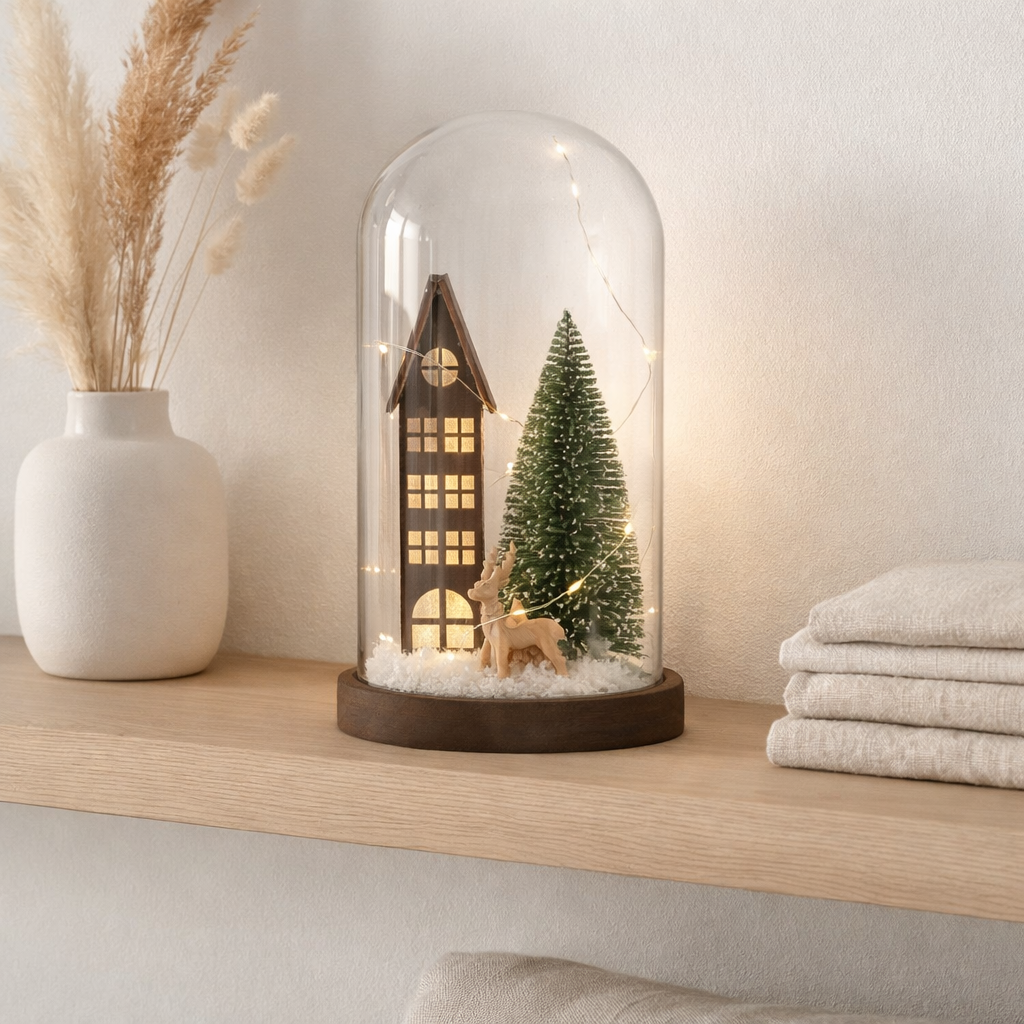 J-Lline Decoration Stolp House Christmas - Verre / Bois - Brown / Green - L - LED en situation
