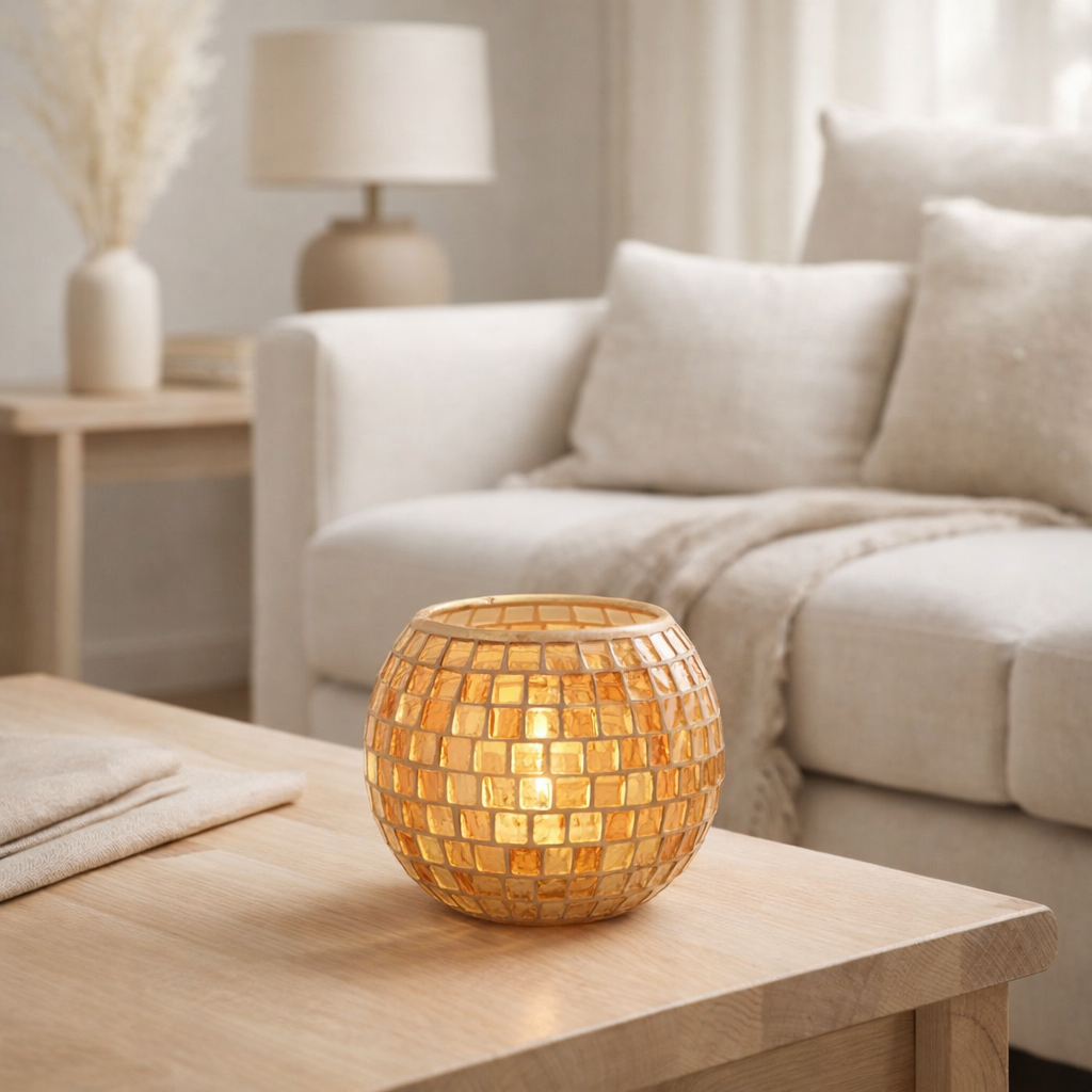 Bougeoir J-Line Mosaic Round - verre - orange - grand en situation