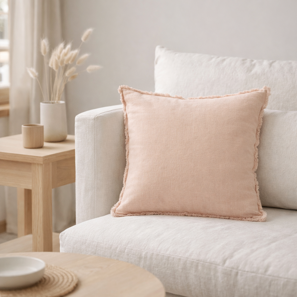 Coussin J-Line Stonewashed - lin - rose clair en situation
