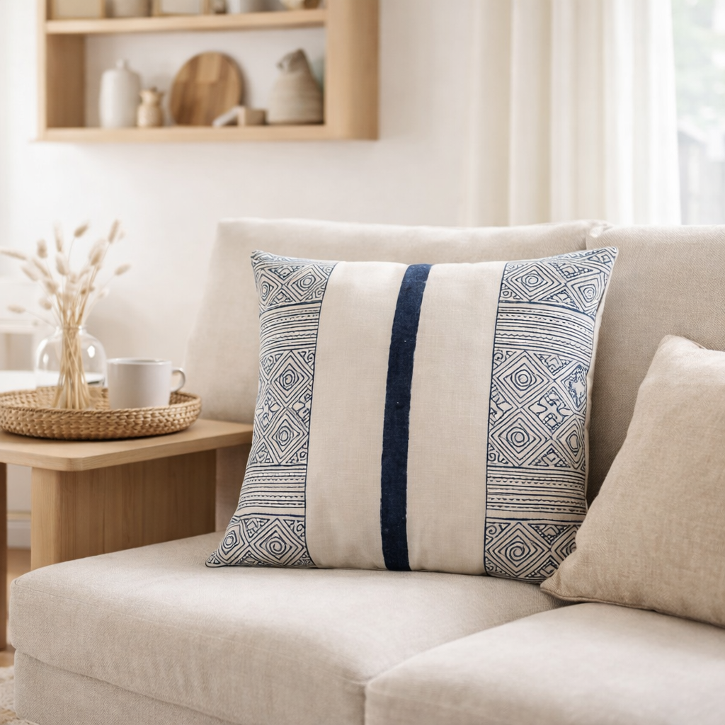 J-Line coussin Stripe Aztec - coton - bleu/blanc en situation