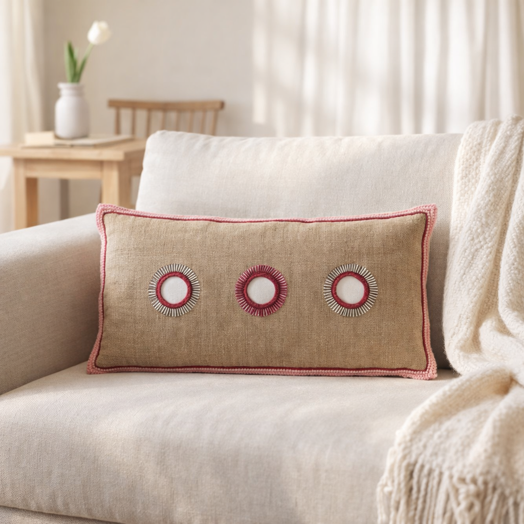 J-Line coussin Rectangulaire 3 Soleils Miroir - jute - naturel/rose en situation