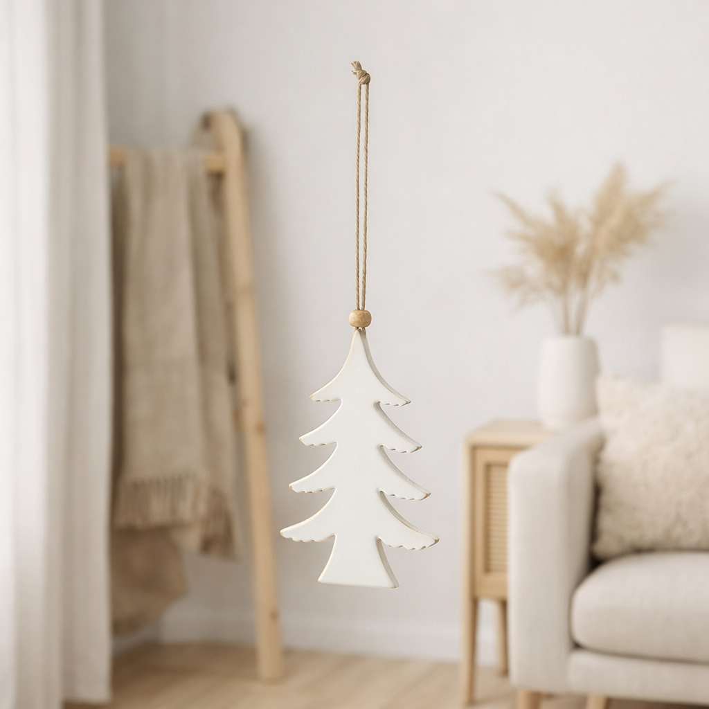 J-Line Pendentif de Noël Sapin de Noël - bois - blanc - grand en situation