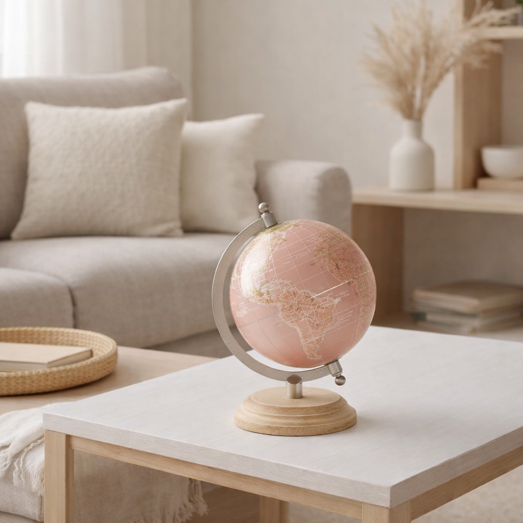 Globe J-Line sur socle - bois - rose clair/or - petit en situation