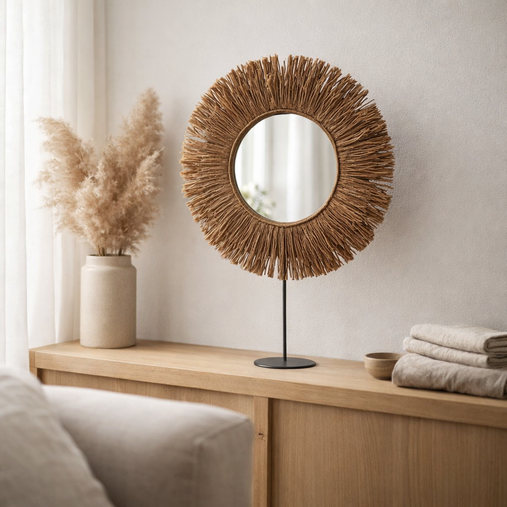 Miroir J -line à pied - Reed / Raffia - Brown - 41 x 50 cm en situation