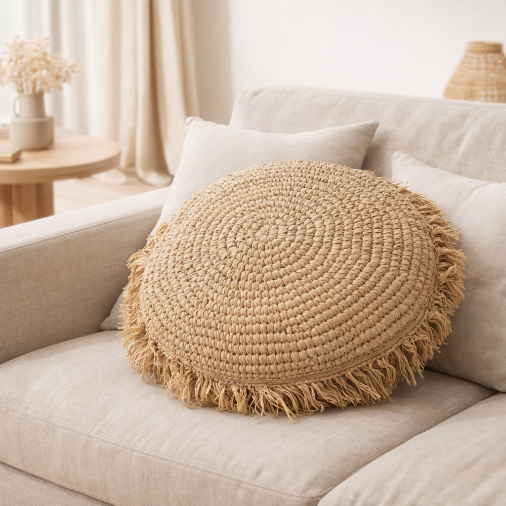 Coussin J-Line Rond Raphia - jute - naturel en situation