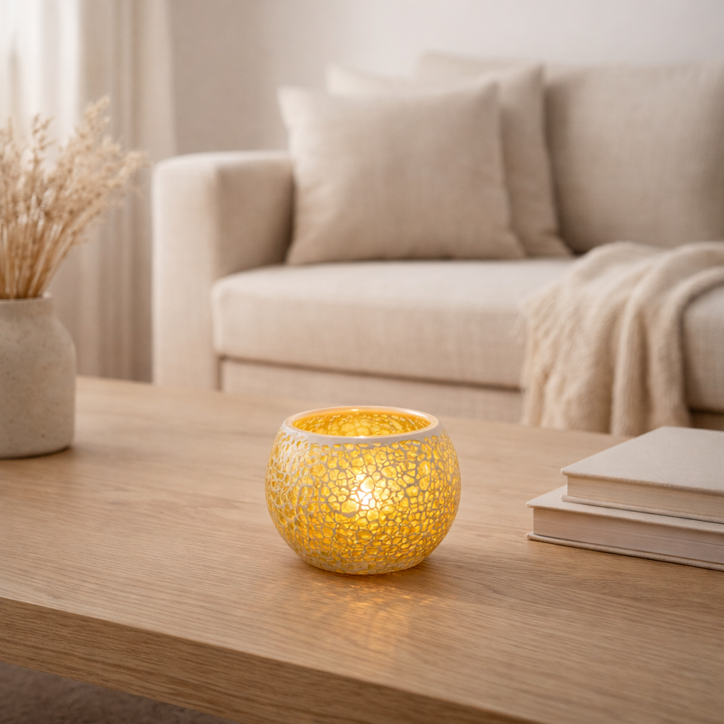 J-Line photophore Mosaic Round - verre - jaune - petit en situation
