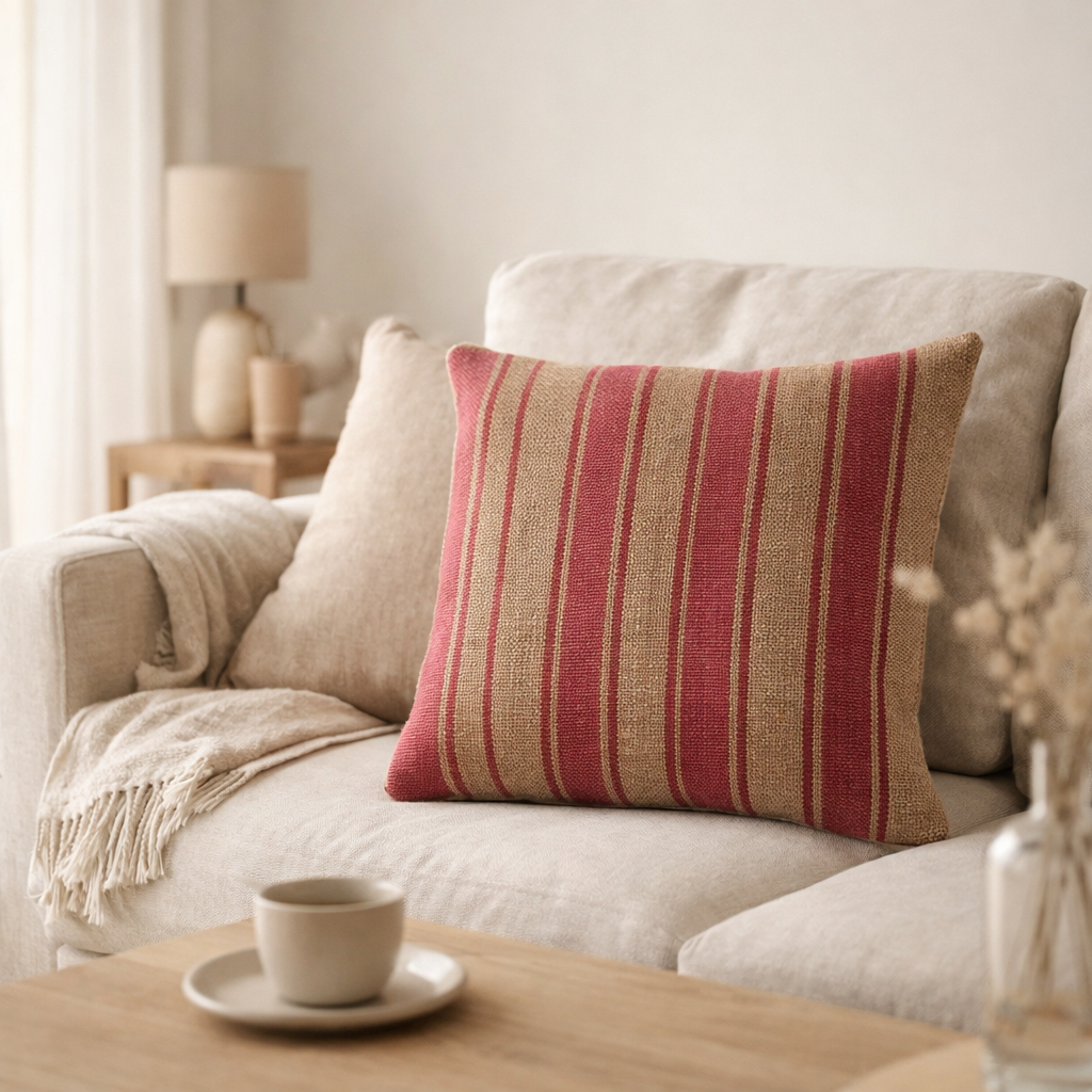 J-Line coussin Anna Groot Grooves - jute - rose en situation