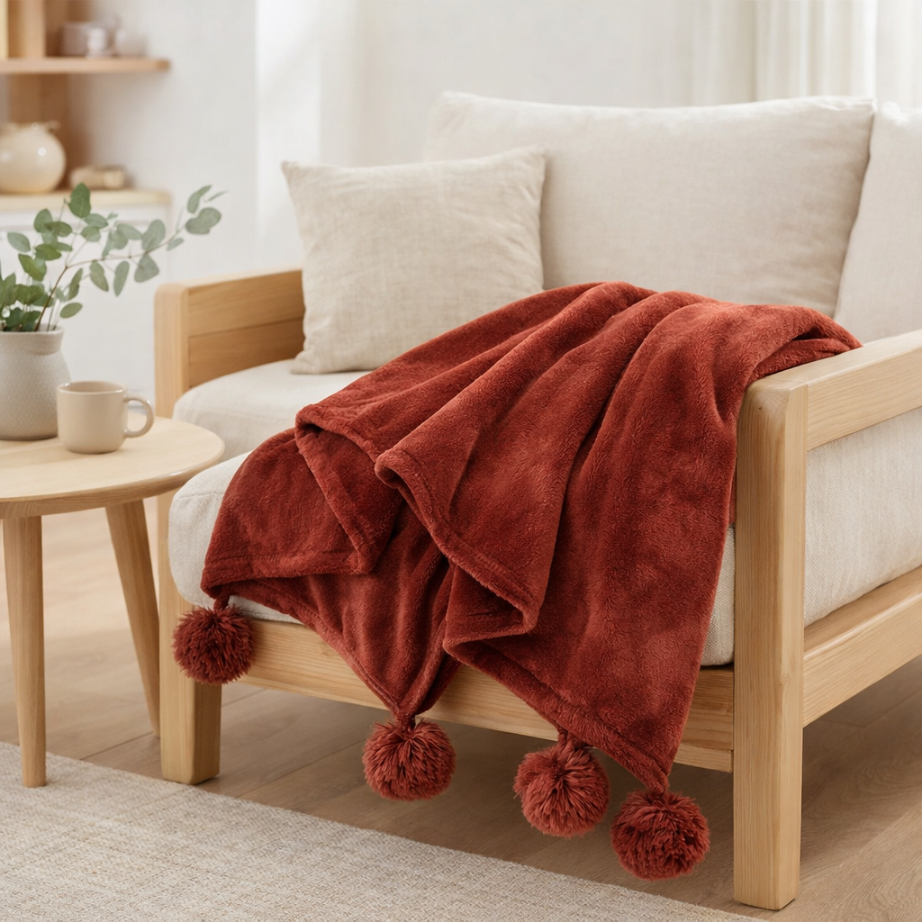 J-Line Plaid Pompom - polyester - rouge marsala - 170 x 130 cm en situation