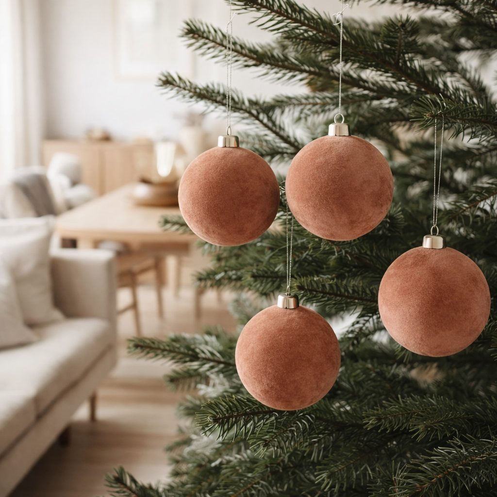 Boule de Noël J-Line - velours/verre - vieux rose - moyen - boîte de 4 en situation