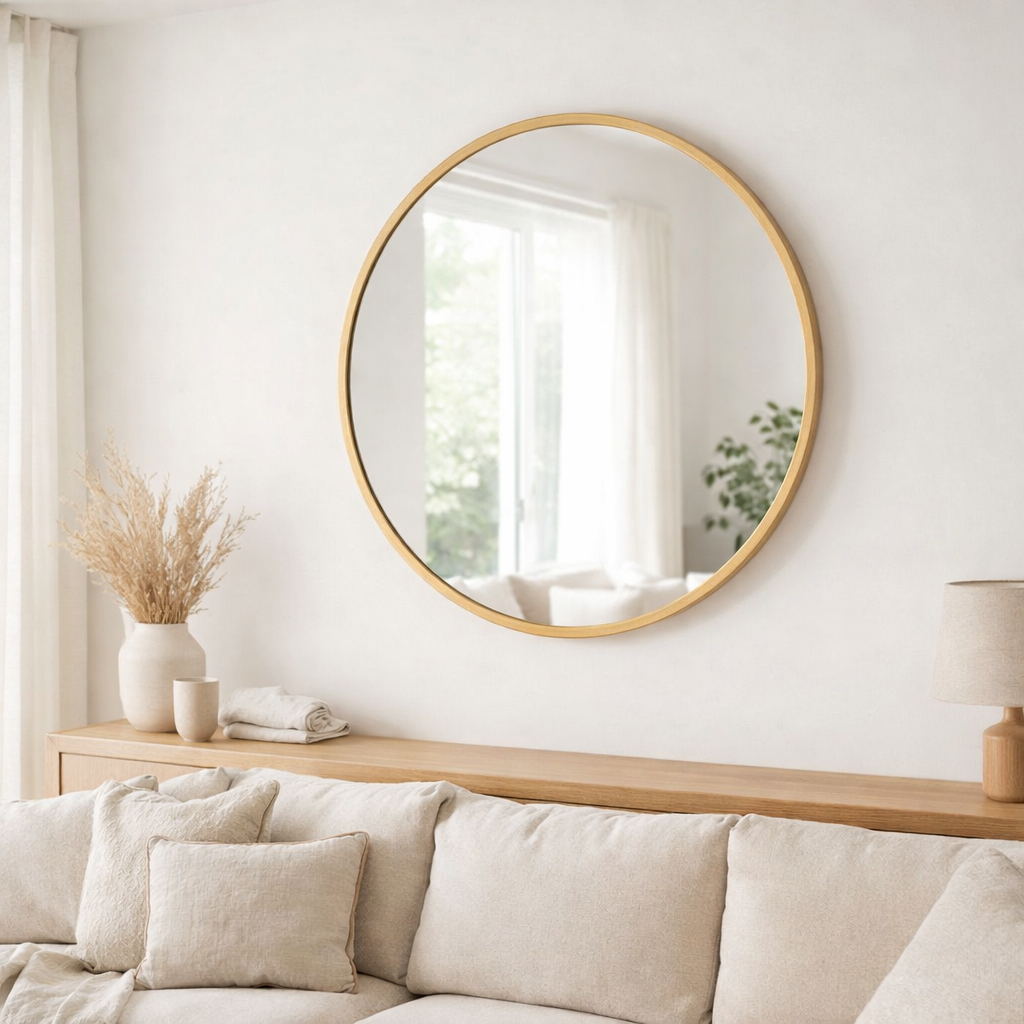 J -line Spiegel Mona Round - Fer / Glass - Gold - Grand - Ø 80 cm en situation