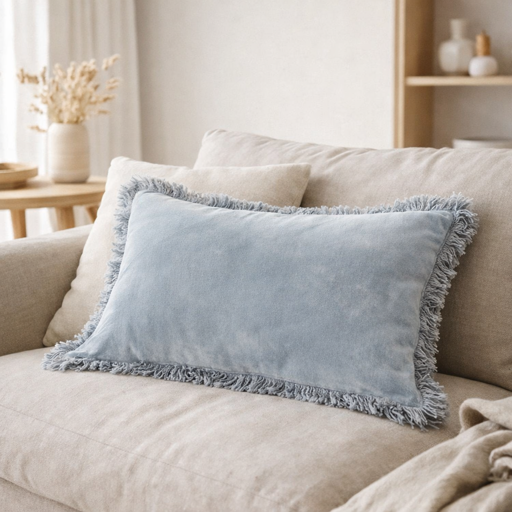 Coussin J-Line Franges - coton/velours - bleu en situation