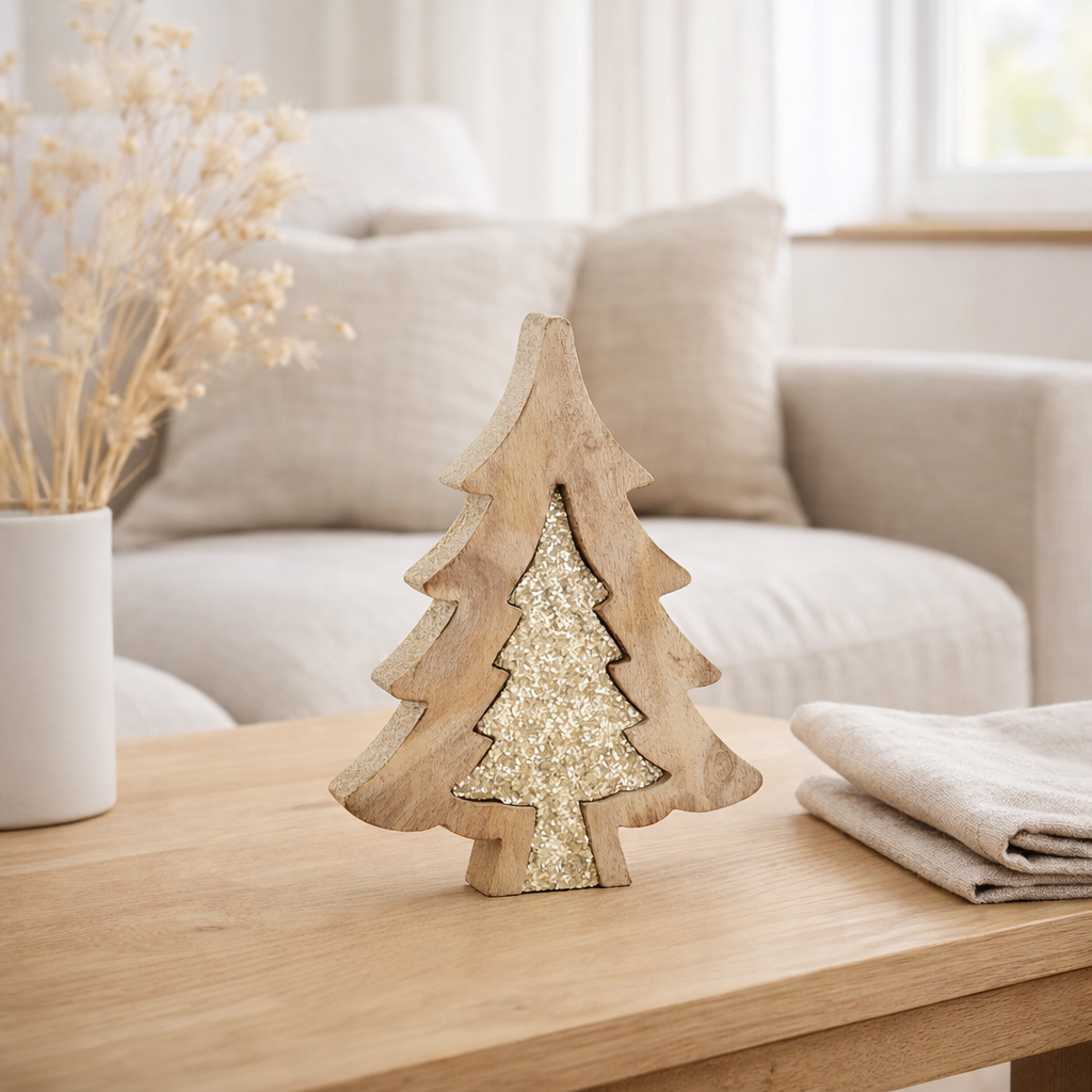 J-Line décoration Puzzle Sapin de Noël - bois - or/paillettes - grand en situation