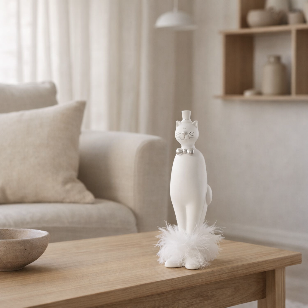 J -line Figure Cat avec chapeau - Polyresin - blanc / argent - petit en situation