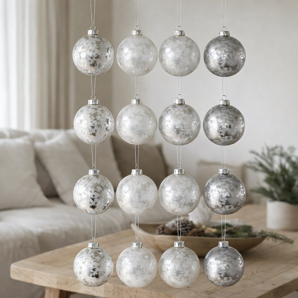 J-Line Boule de Noël Sucre - verre - gris/blanc/argent - petit - boîte de 12 en situation