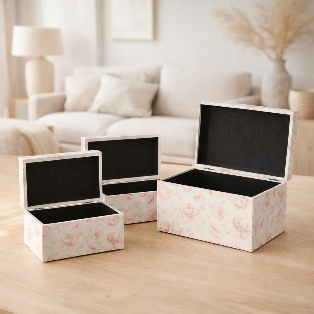 Boîte de décoration J-Line - bois - blanc/rose - 3 pièces en situation