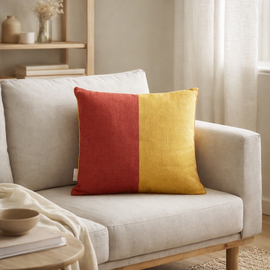 J-Line coussin Square Anna - jute - rouge/jaune en situation