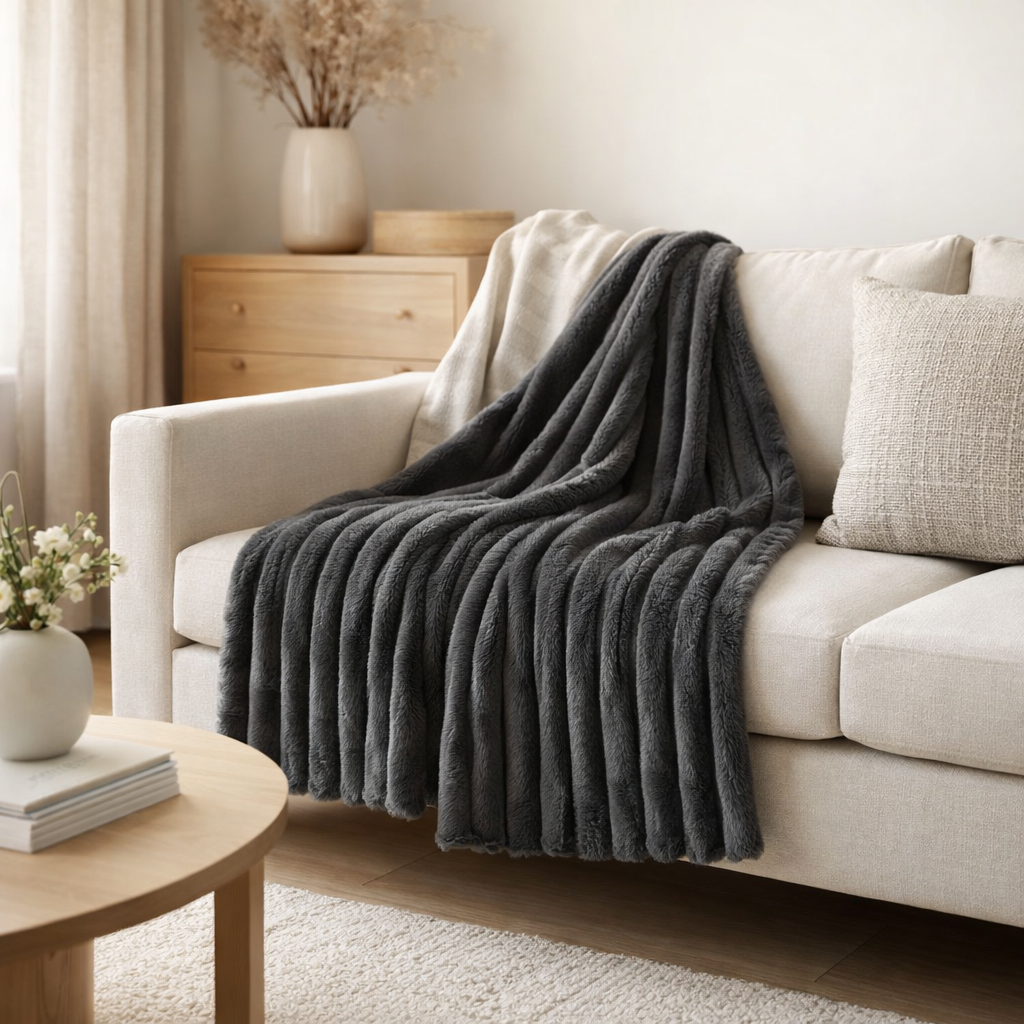 J-Line Plaid velours côtelé - polyester - gris foncé - 180 x 130 cm en situation