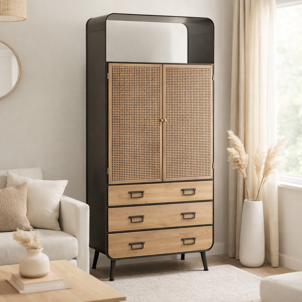Armoire J-Line Armoire haute - 3 tiroirs - bois/métal - naturel/noir en situation