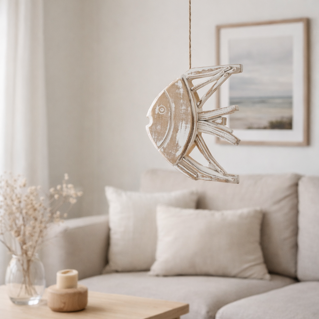 J -Liline Pendant Fish - Spaarhout - Natural / White en situation