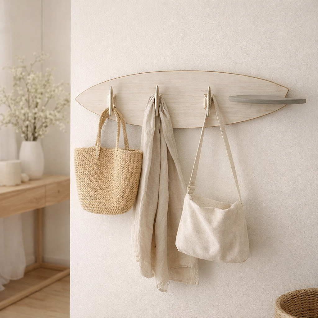 J -Liline Coat Rack 3 Haken Surfboard - Bois / Metal - Argent en situation