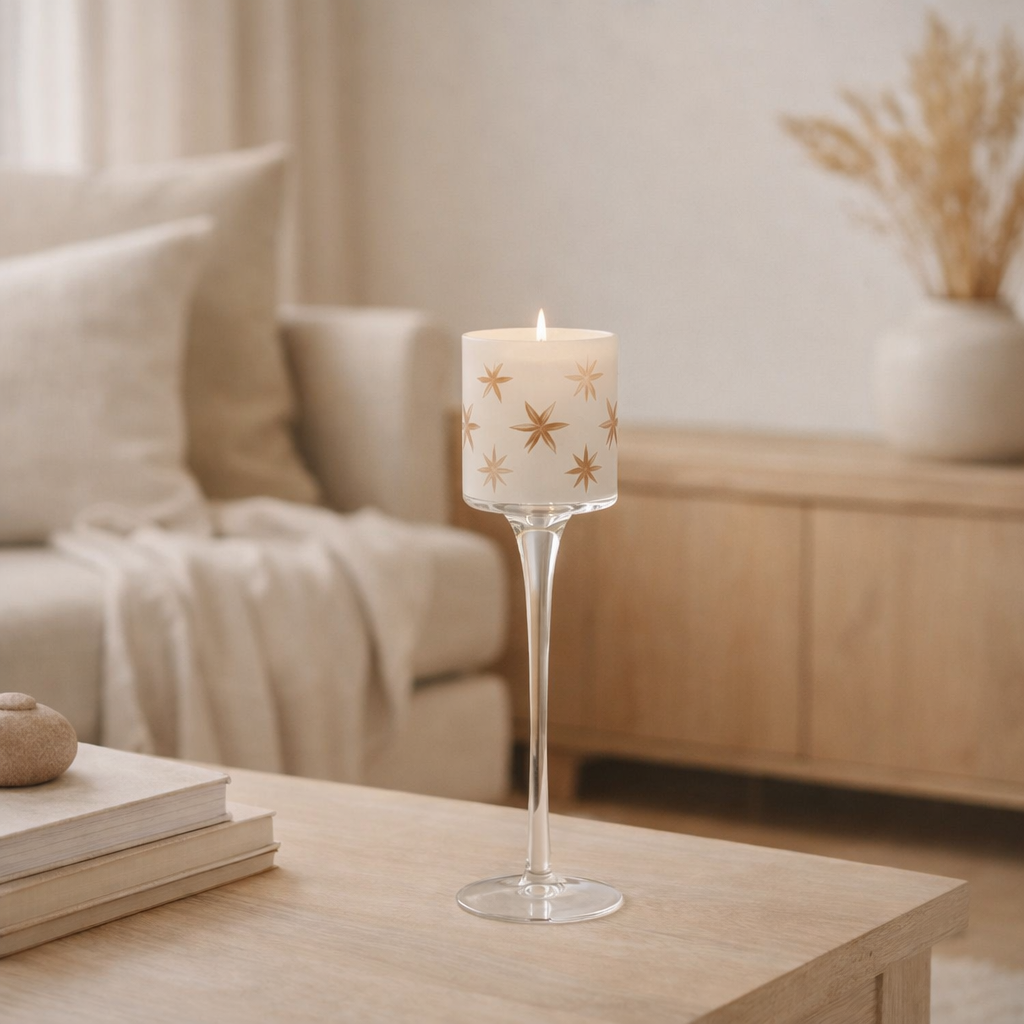 Photophore J-Line sur pied Star - verre - blanc/or - petit en situation