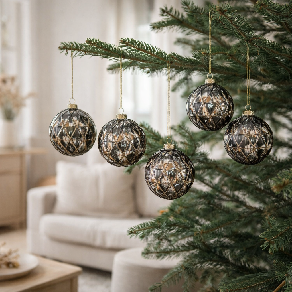 J-Line Boules de Noël Cordes - verre - noir/bronze/gris - petit - boîte de 6 en situation
