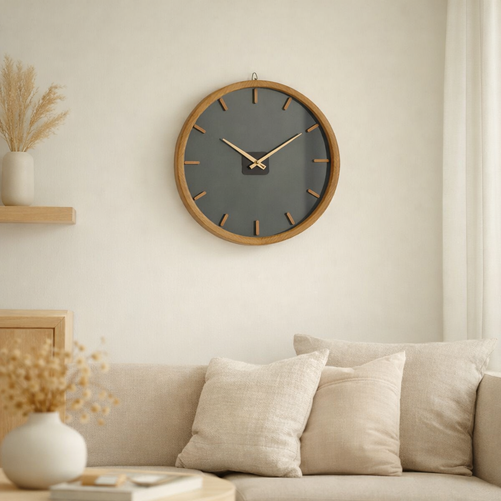 J -line horloge ronde - bois / verre - marron / noir - Ø 40 cm en situation