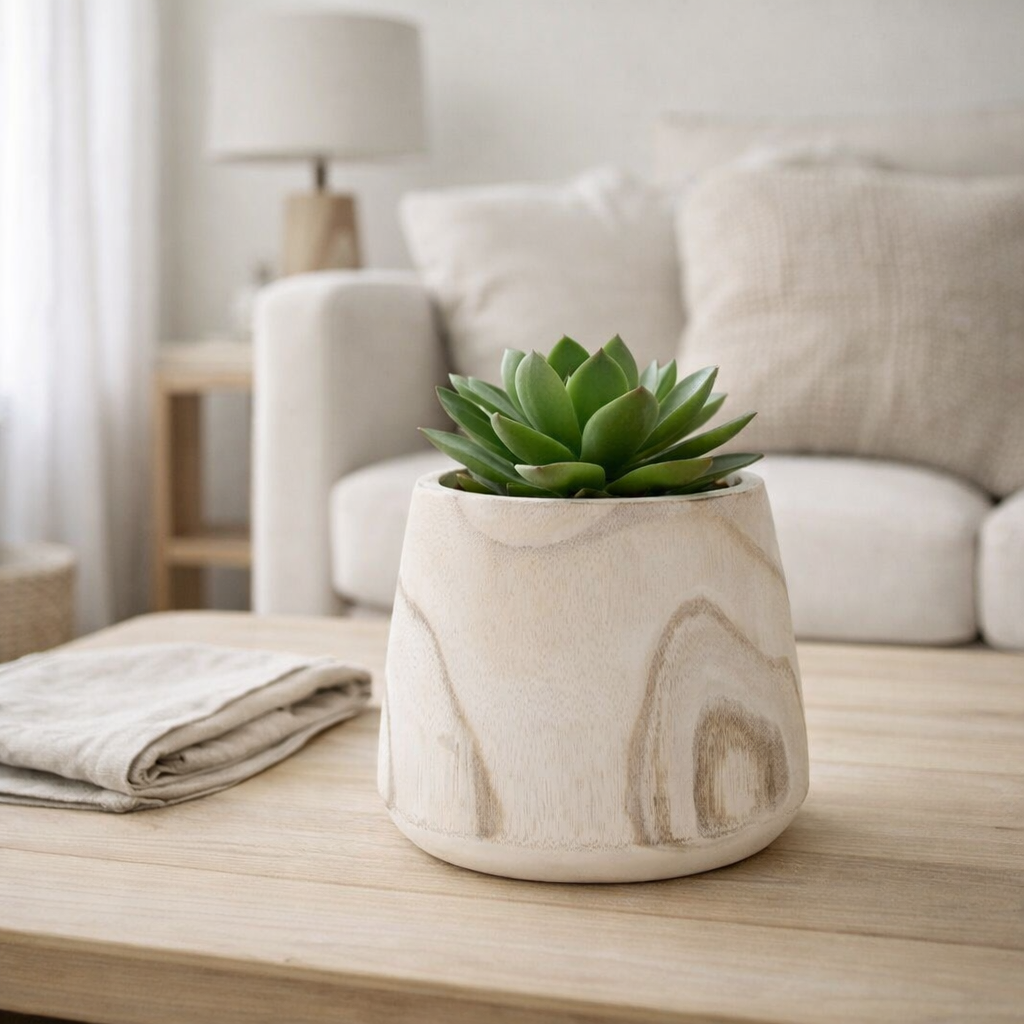 J -line Flowerpot Paulownia - bois / plastique - blanc - petit - Ø 15 cm en situation