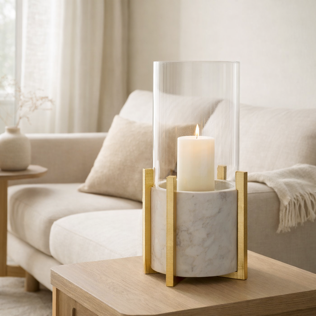 J -line Windlicht Foot - Marble / Metal - Gray / Champagne - Grand en situation