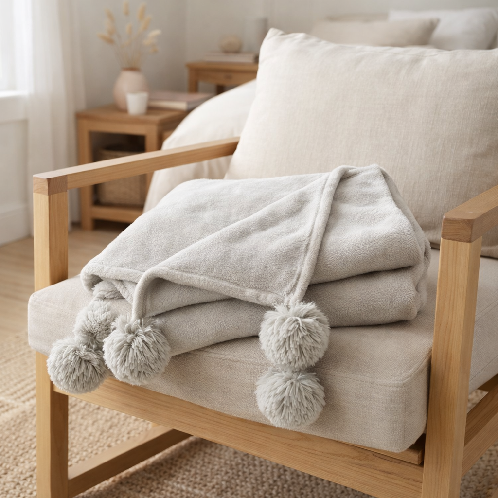 Pompon à carreaux J-Line - polyester - gris clair - 170 x 130 cm en situation
