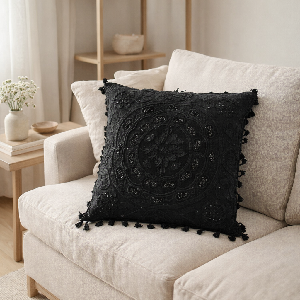 J-Line coussin marocain - coton - noir en situation