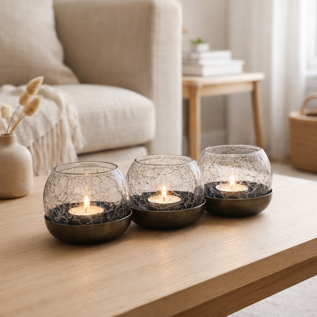 J -Liline Tealight Holder 3 Bol Capelé - Verre / Metal - Black en situation