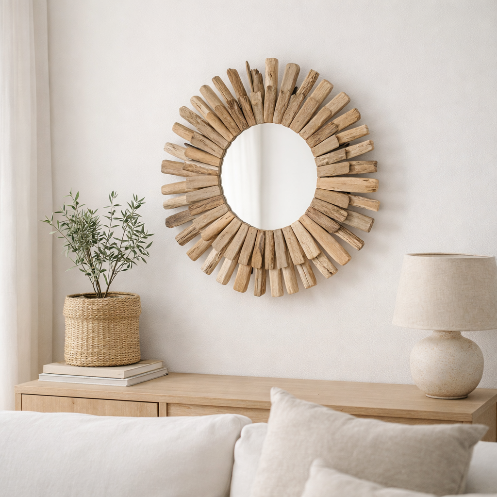 J -line Spiegel Round - Wood - Natural - Moyen - Ø 52 cm en situation